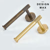 Modern wall-mounted stainless steel toilet paper holder in brushed brass and antique bronze finishes.