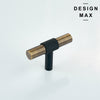 Pair of brass T-pulls mounted on walnut pantry doors in transitional interior