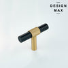 Matching set of 6 brass T-pulls on white shaker drawers in farmhouse kitchen remodel
